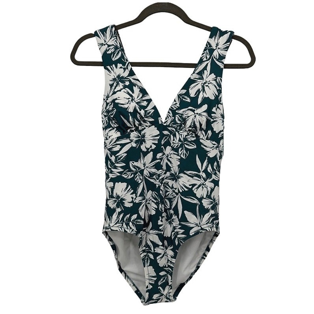 Kona Sol One Piece Swimsuit NWT Floral High Coverage Teal White‎ Size Small